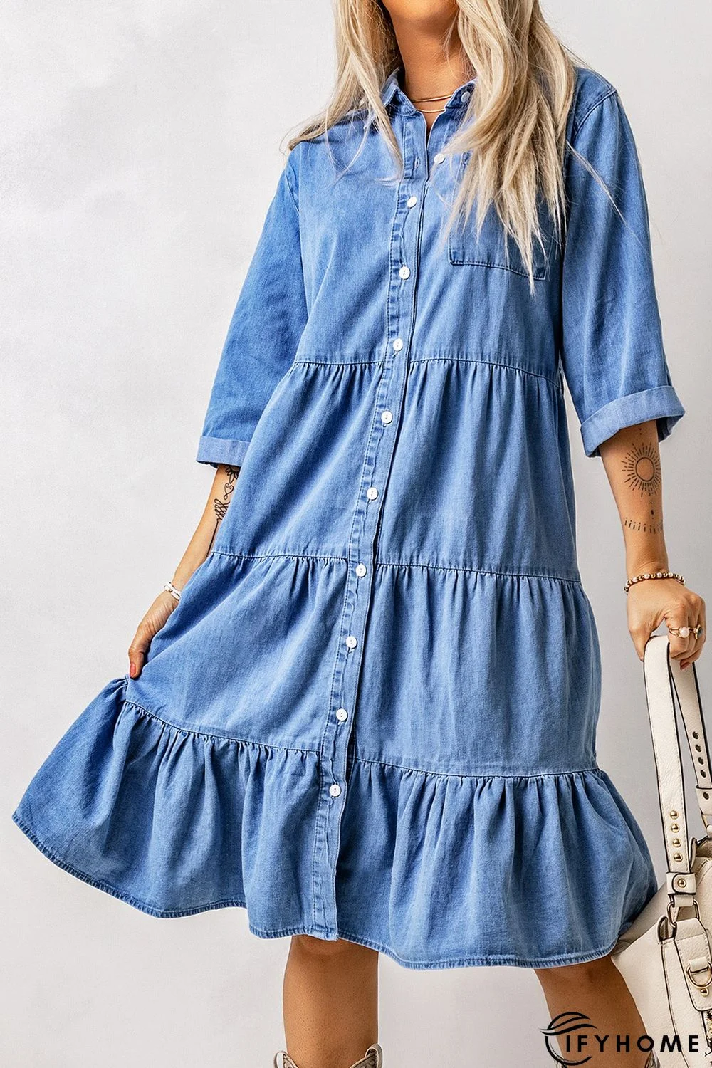 Sky Blue Ruffled Denim Full Buttoned Midi Dress | IFYHOME