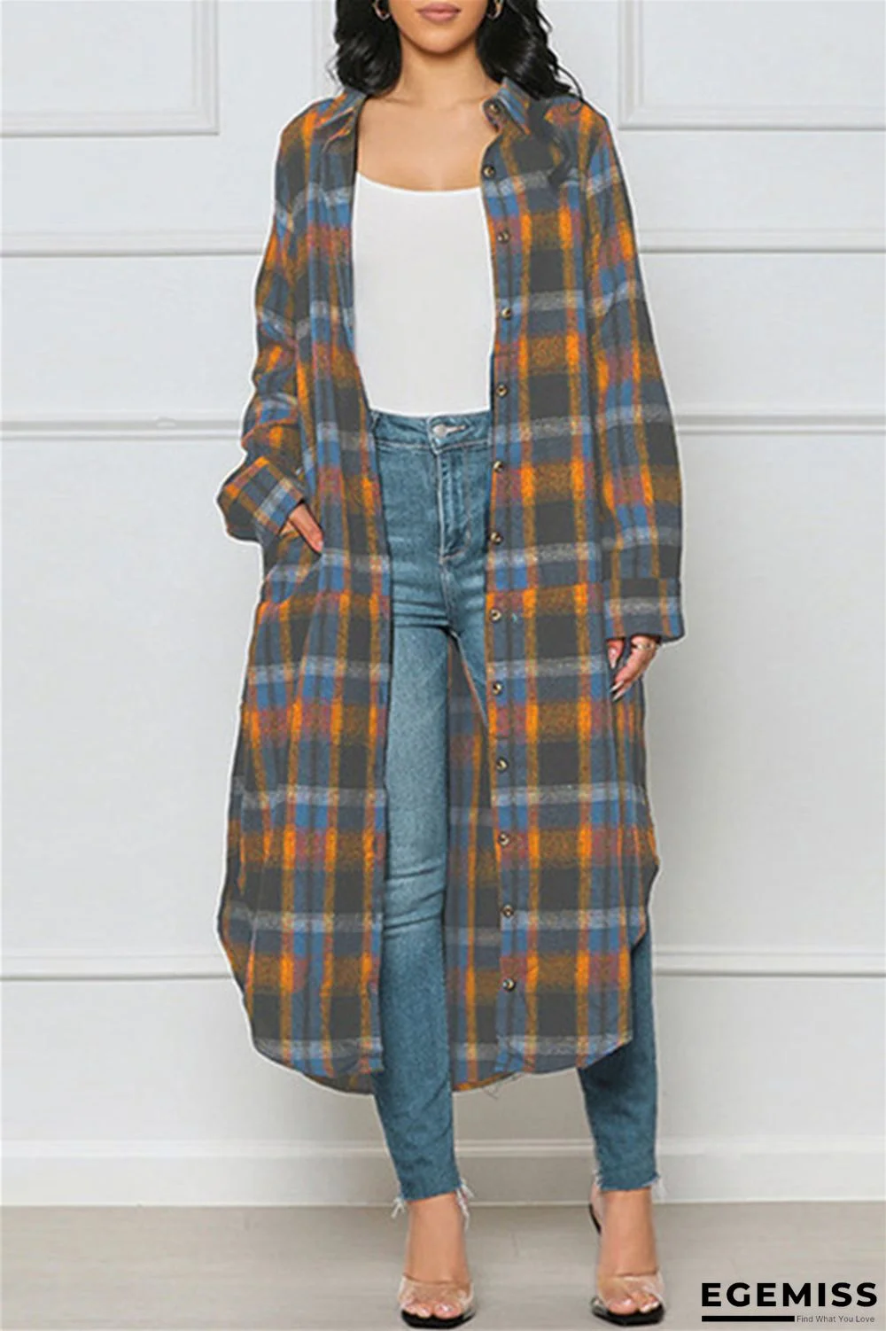 Orange Casual Plaid Print Cardigan Turndown Collar Outerwear | EGEMISS