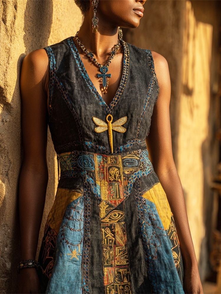 Comstylish Vintage Egyptian Dragonfly Pattern Women's Linen V-neck Vest Waisted Midi Dress