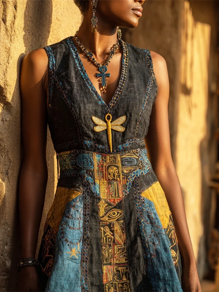 Vintage Egyptian Dragonfly Pattern Women's Linen V-neck Vest Waisted Midi Dress