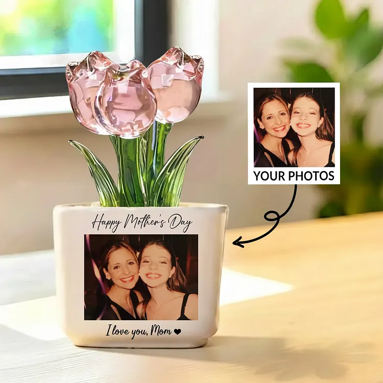 Personalized Photo Glass Tulip Potted Plant - Custom Flower Pot with Picture, Photo Gift for Mom, Mother&rsquo;s Day Gift, Birthday Gift for Mom - Personalized Photo Glass Tulip