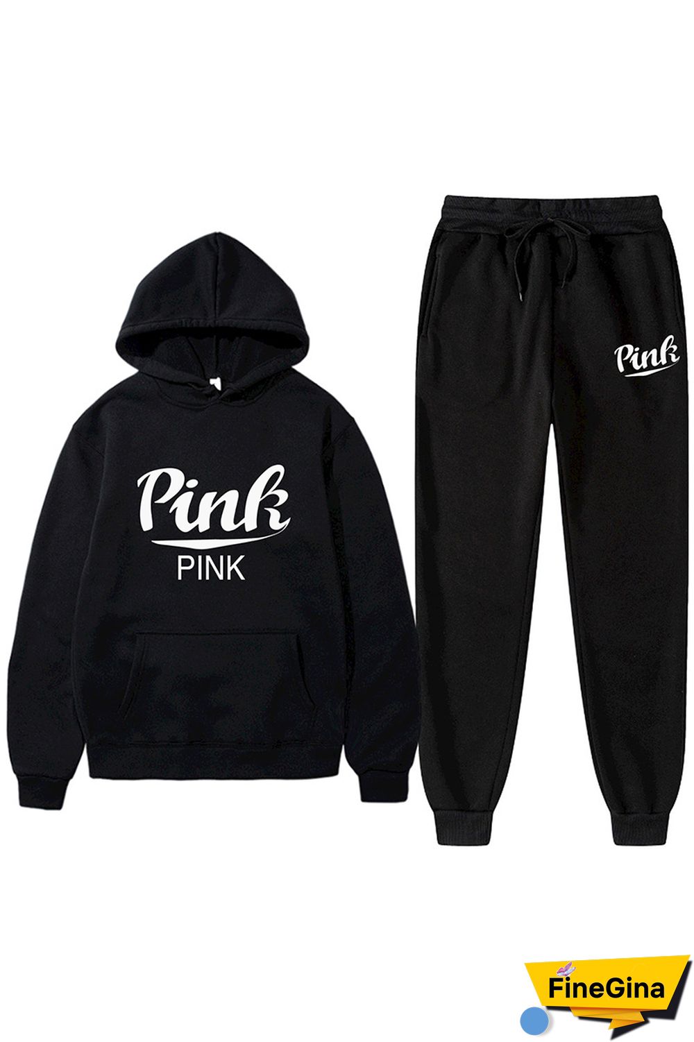 Black Casual Letter Print Basic Hooded Collar Long Sleeve Two Pieces