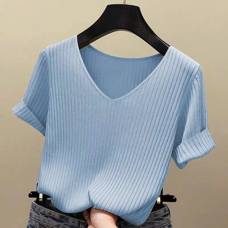Knitted Short Sleeve Blouse Women Tops 2021 Solid Korea Summer Shirt Thin V-neck Knit Female Tee Shirt Dames Gebreid Shirt 13783