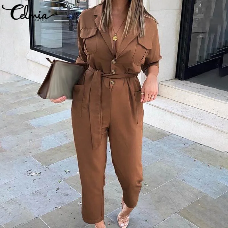 Vintage Cargo Rompers Women's Elegant Office Jumpsuits Celmia 2022 Autumn Long Sleeve Suit Collar Casual Solid Work Playsuits 7