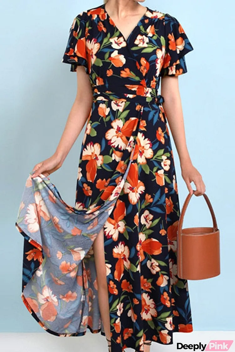 Plus Size Floral Surplice Neck Flutter Sleeve Dress