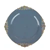 10 Pack | 10" Round Plastic Dinner Plates in Vintage Dusty Blue, Gold Leaf Embossed Baroque Disposable Plates