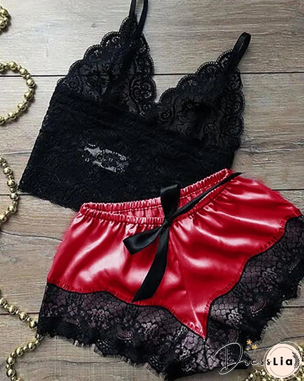 Eyelash Crochet Lace Satin Bowknot Cami Set