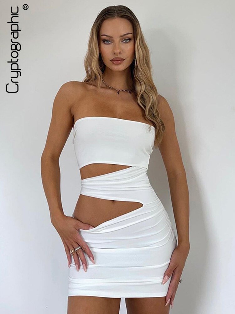 Cryptographic Elegant Off Shoulder Strapless Sexy Cut Out Dress For Women Outfits Sleeveless Mini Dresses Club Party Clothes - Shop Trendy Women's Clothing | LoverChic