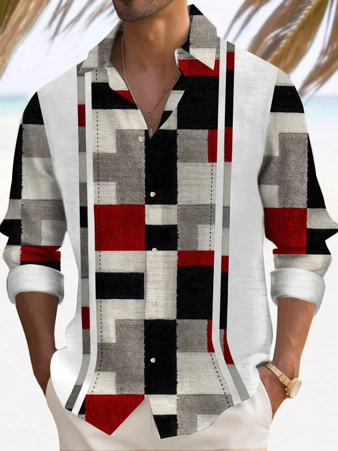 Men's Casual Contrast Color Long Sleeve Shirt