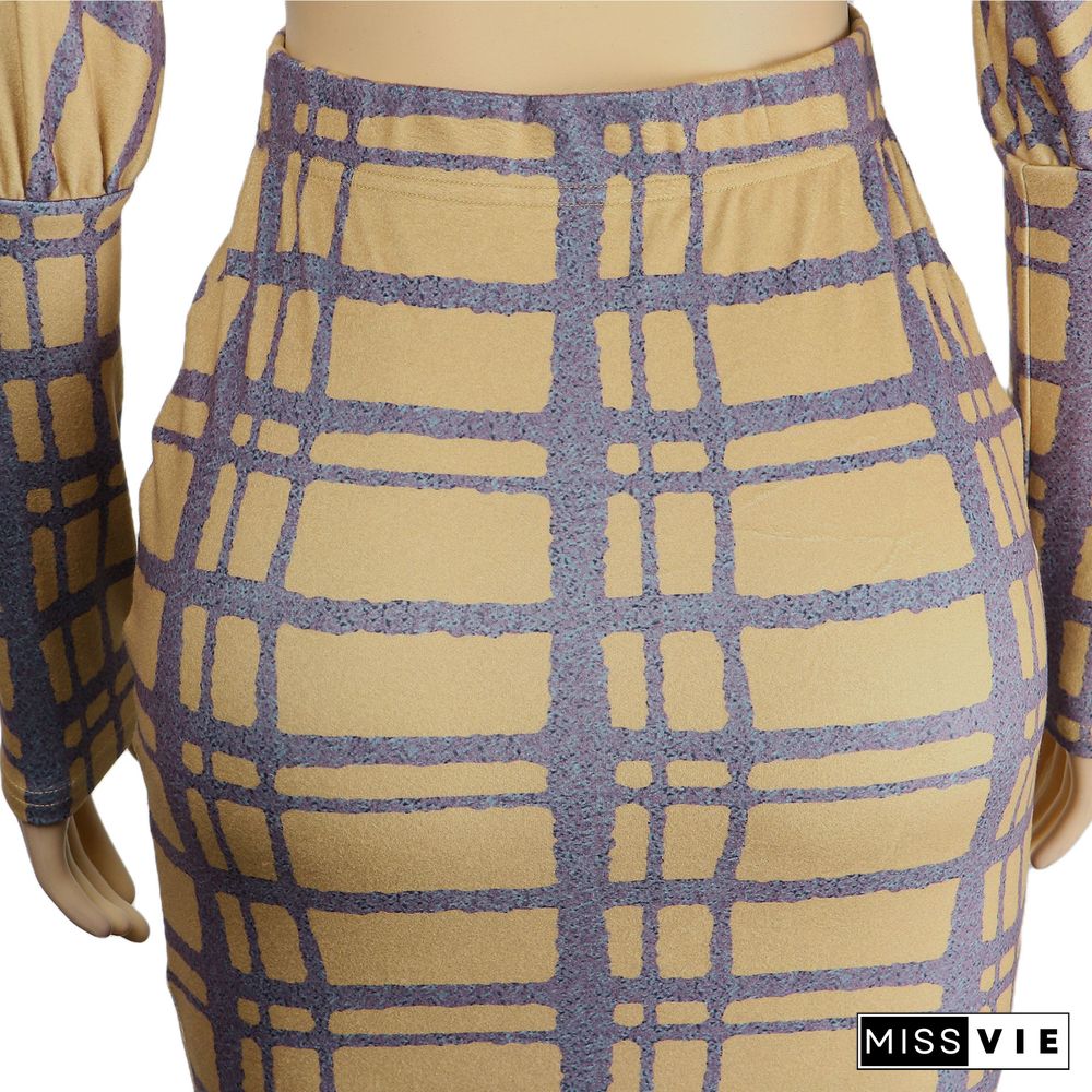 Plaid Long Sleeve Crop Top Bodycon Maxi Skirt Set