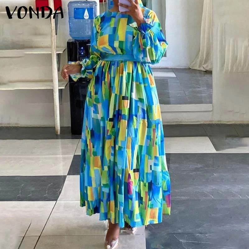 Women Dress VONDA Casual O Neck Printed Long Maxi Dresses Vintage Pleated Long Flare Sleeve Robe With Belt Baggy Vestidos