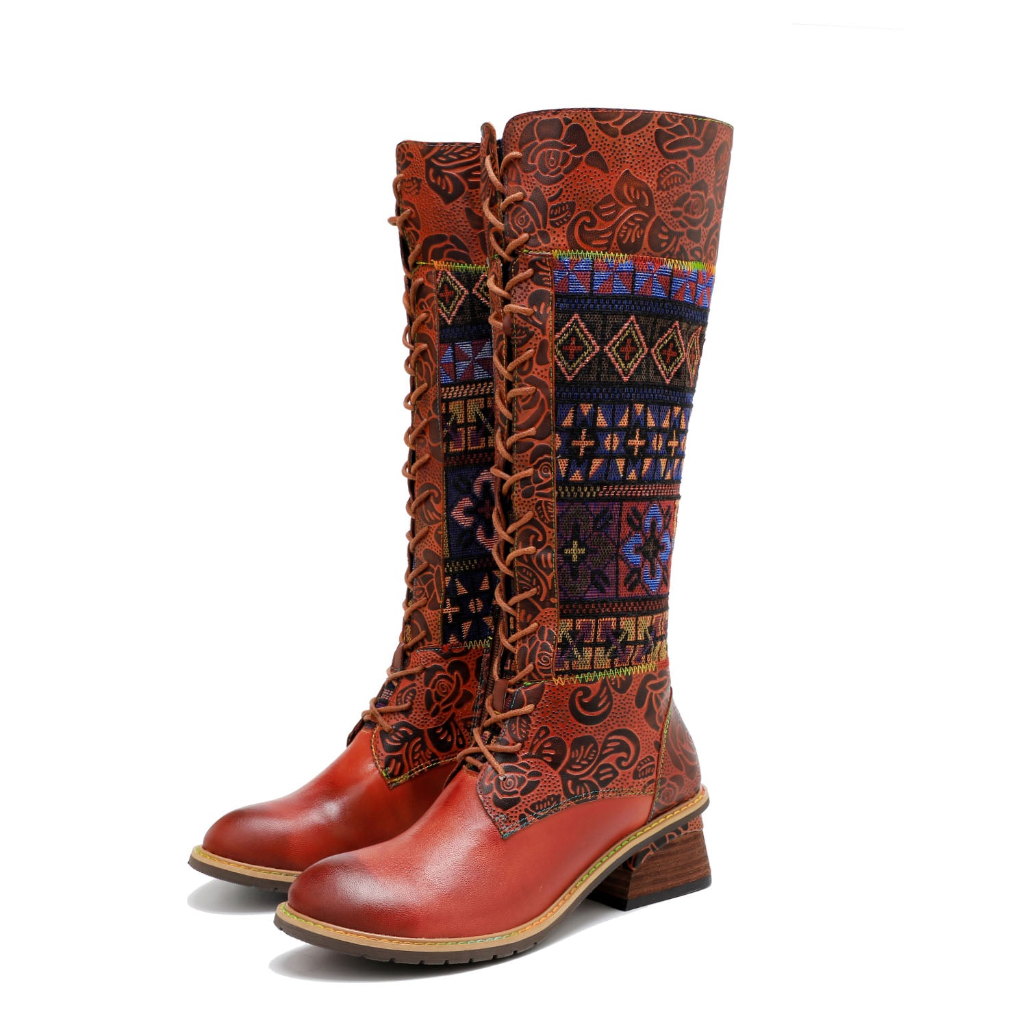 Women'sVintage Bohemian Leather Splicing Pattern Boots