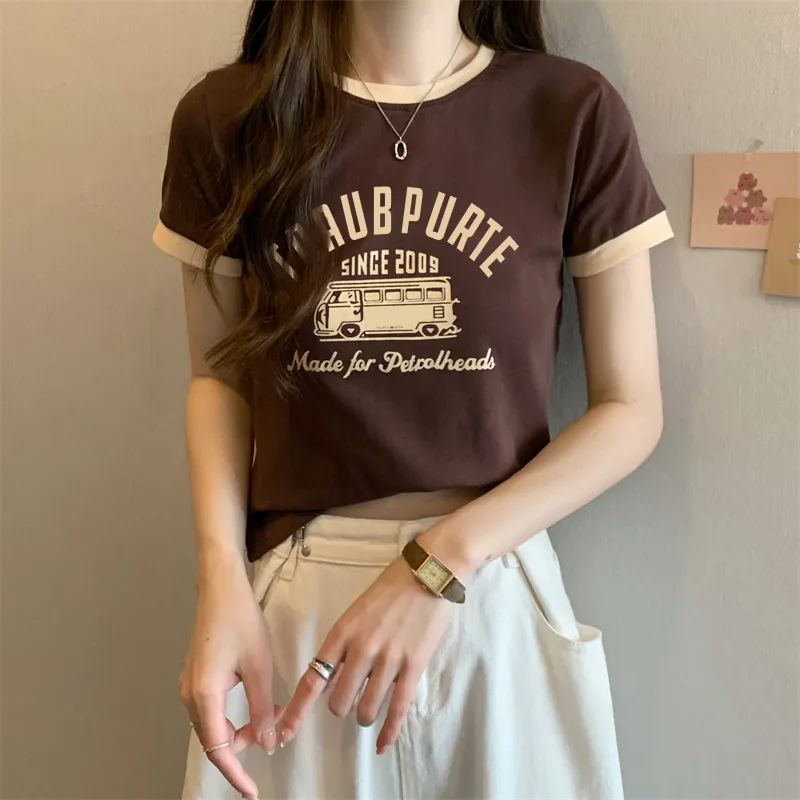 Uveng Uveng Summer New Sweet Hottie Girl Bump Color Round Collar Short Style On The Clothes Design Sense Shows Thin Students Short-Sleeved T-Shirt Girl