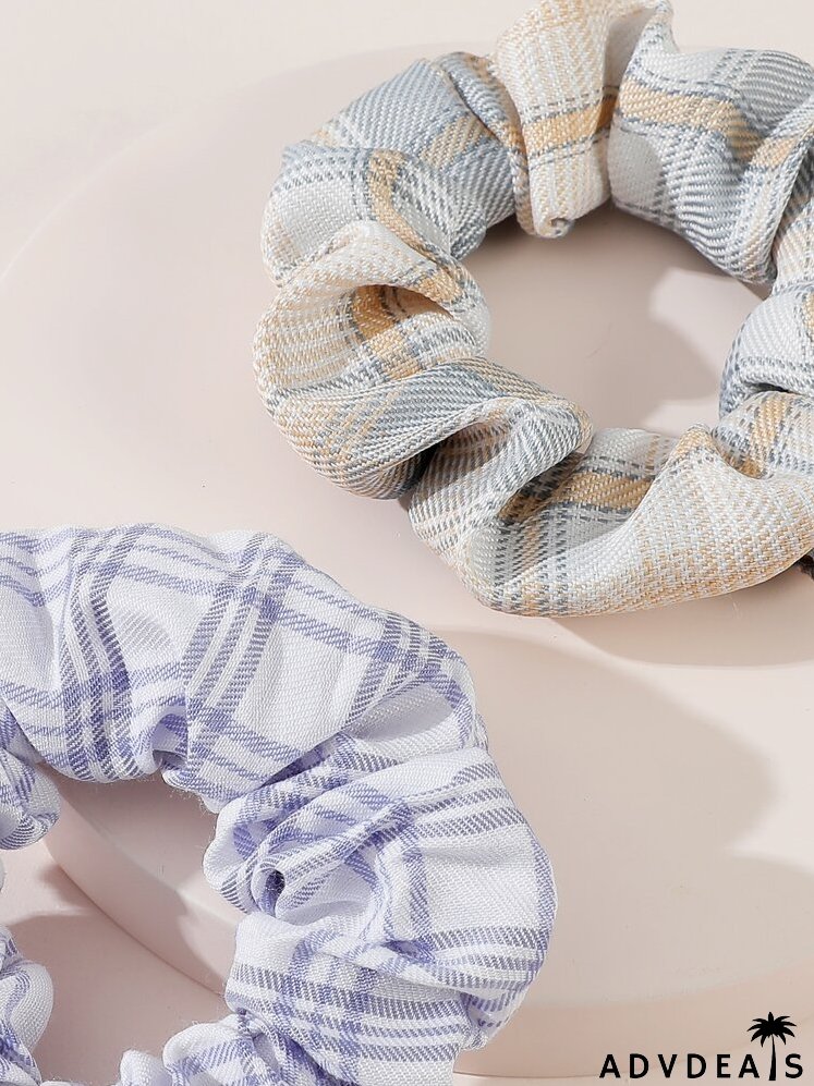 2pcs Plaid Print Pleated Scrunchie