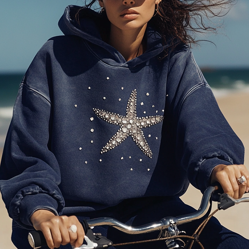 thesupersurf Women's Gypsophila Diamond Rhinestones Surf Starfish Hoodie 