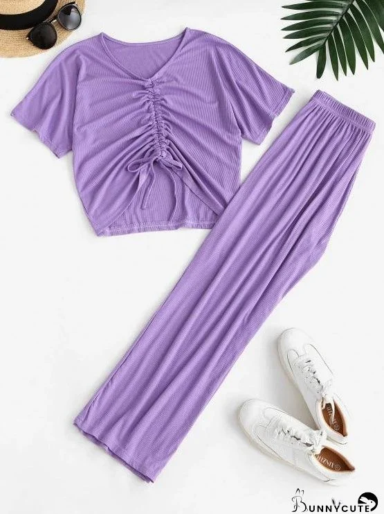 Cinched Ribbed Wide Leg Two Piece Pants Set for Women