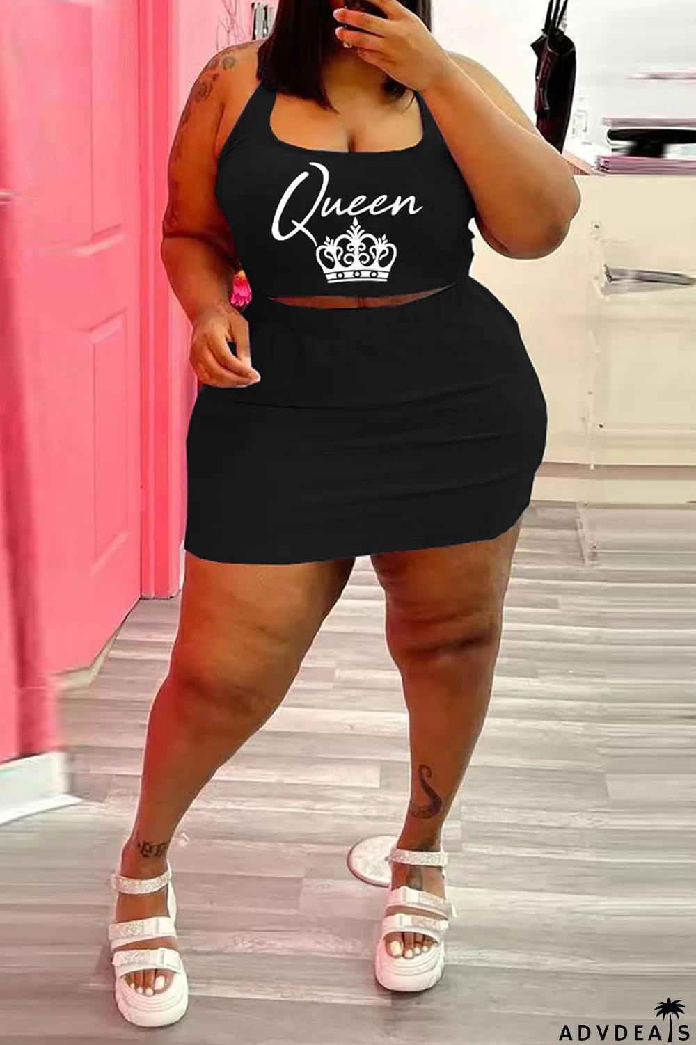 Blue Casual Print Split Joint U Neck Sleeveless Two Pieces