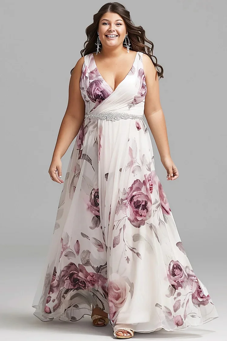 Flycurvy Plus Size Bridesmaid Mauve Floral Print Wrap Neck Maxi Dress  Flycurvy [product_label]