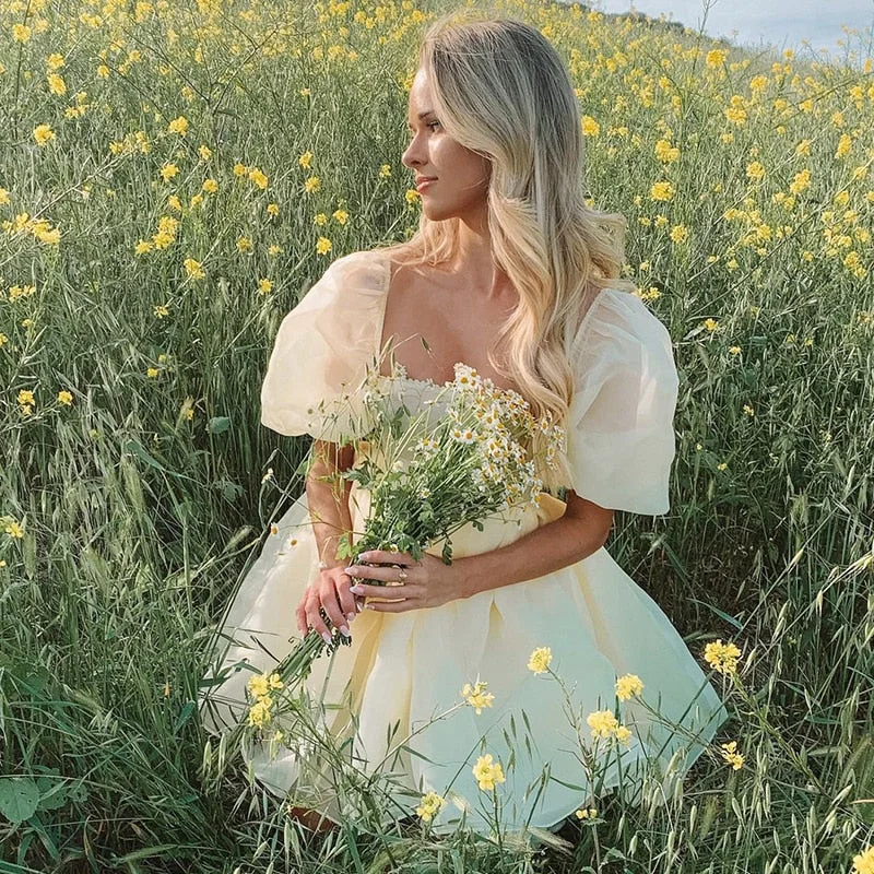 Women's Elegant Puff Sleeve Off Shoulder Tulle Princess Dress Mesh Ruffle Mini Short Dress For Wedding Cocktail Party Prom