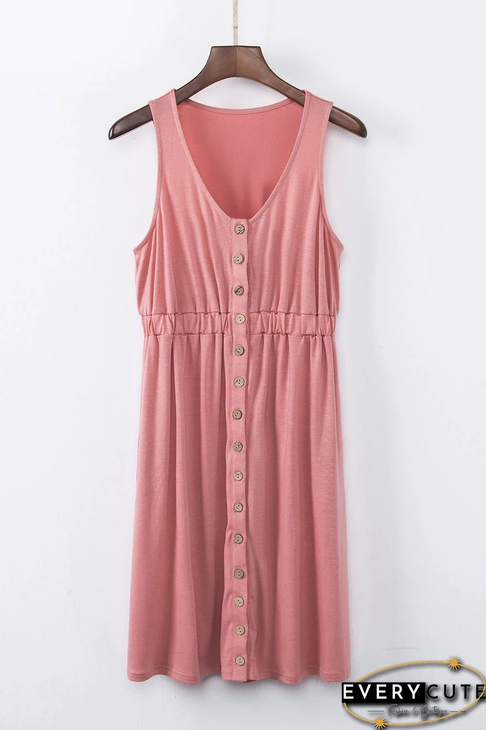 Pink Buttons Sleeveless High Waist Mini Dress