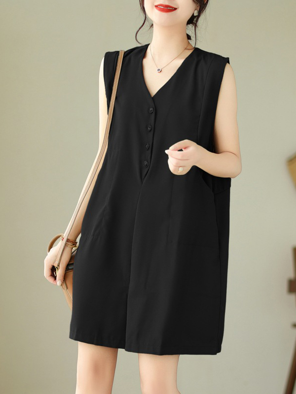 Single Breasted Button V Neck Sleeveless Mini Dress