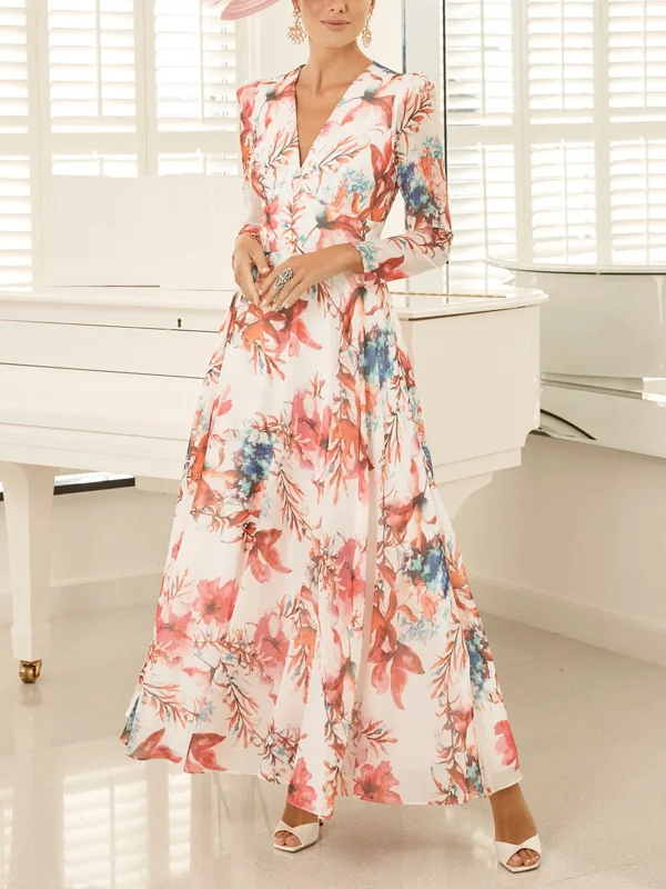 V-Neck Long-Sleeved Printed Maxi Dress