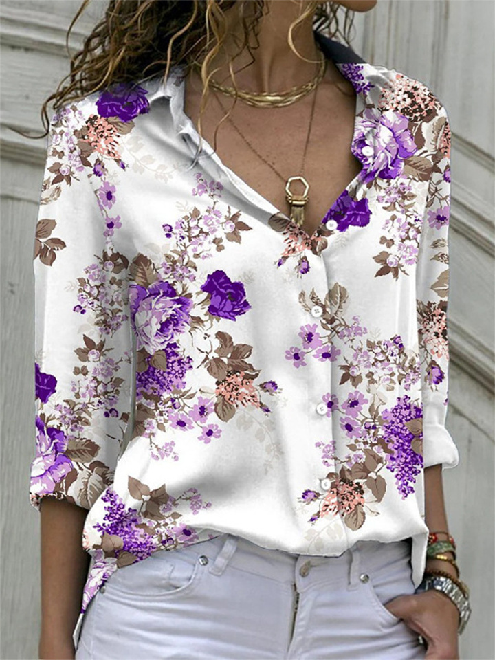 Spring and Summer Fashion Printing Women's Long-sleeved Loose Shirt Printed POLO Collar Shirt