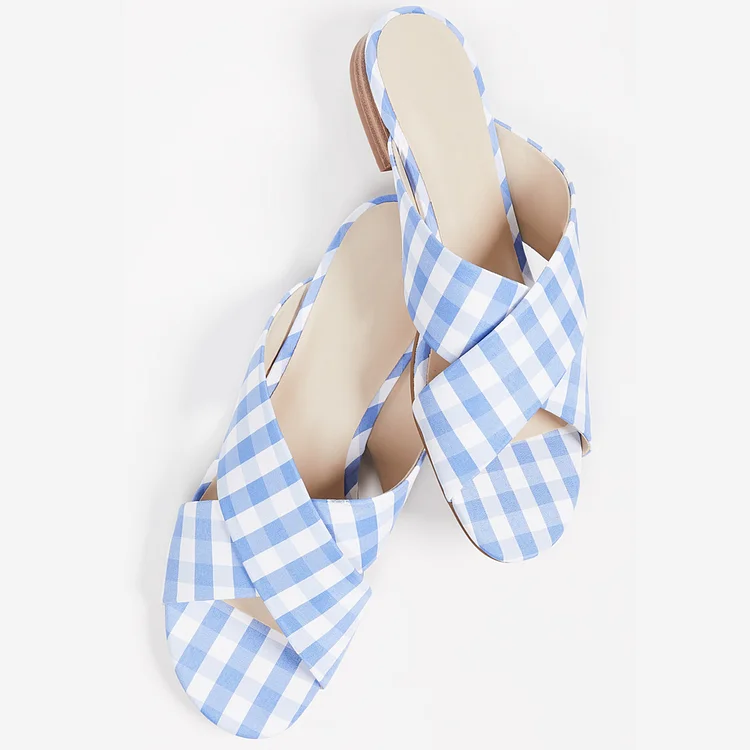 Light Blue and White Plaid Satin Flats Women's Slide Sandals |FSJ Shoes