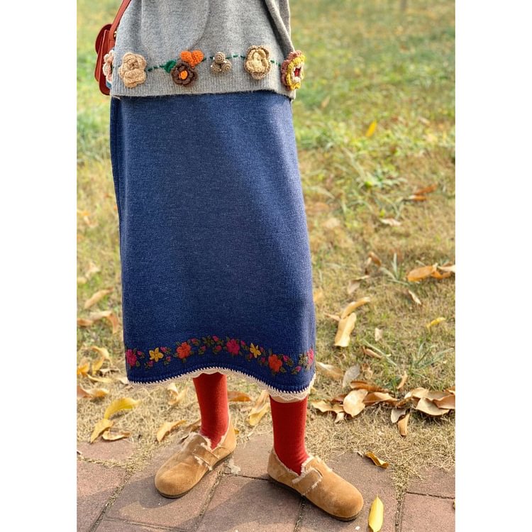Queenfunky cottagecore style H Shape Knitted Embroidered Skirt QueenFunky