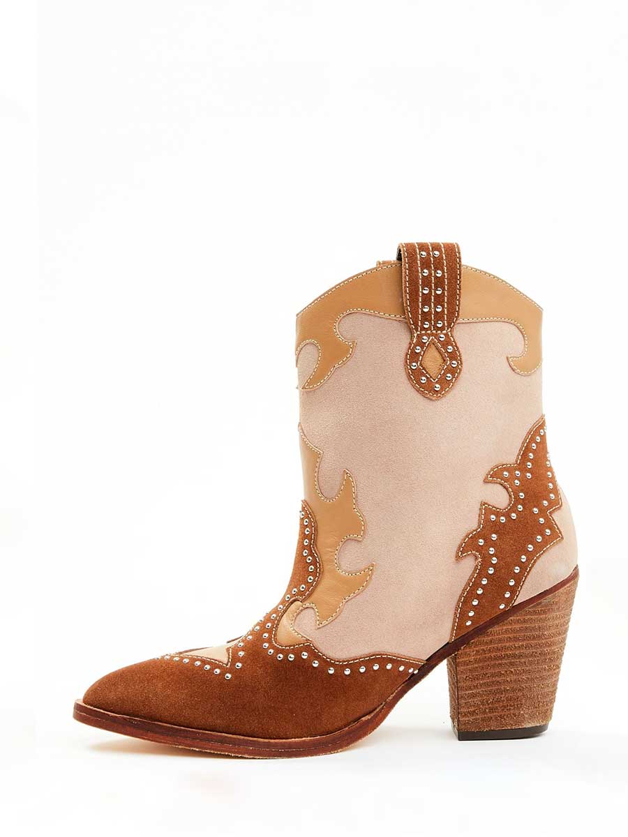 Brown Faux Suede Vintage Chunky Heel Studded Western Boots for Women