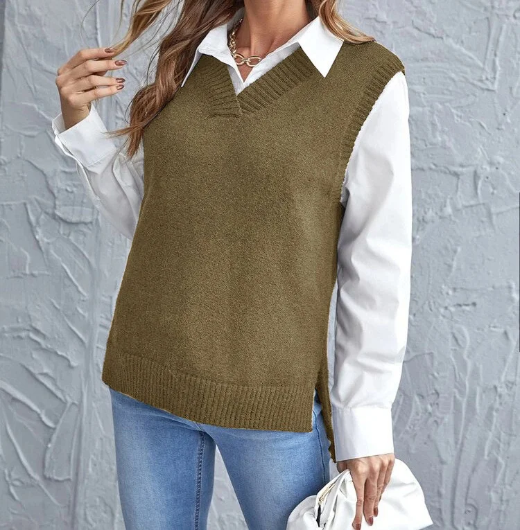 Wongn Wongn And Autumn New Style Irregular Knitting Vest Fashion Casual Women's Wear V-Neck Sweater Women