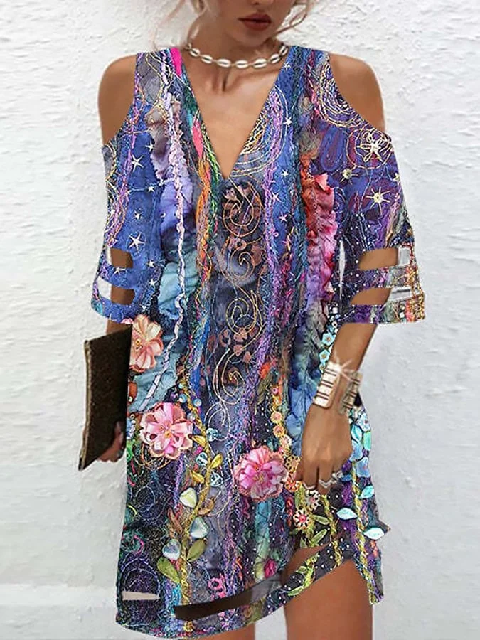 V-Neck Printed Hollow Out Off Shoulder Dress