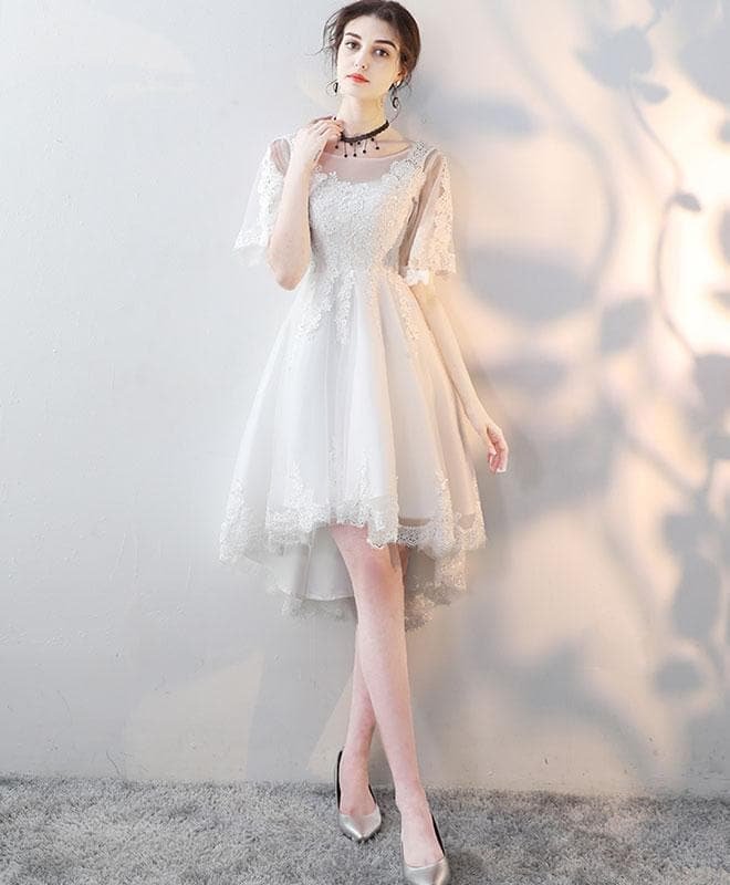 White Round Neck Tulle Lace Short Prom Dress, White Homecoming Dress