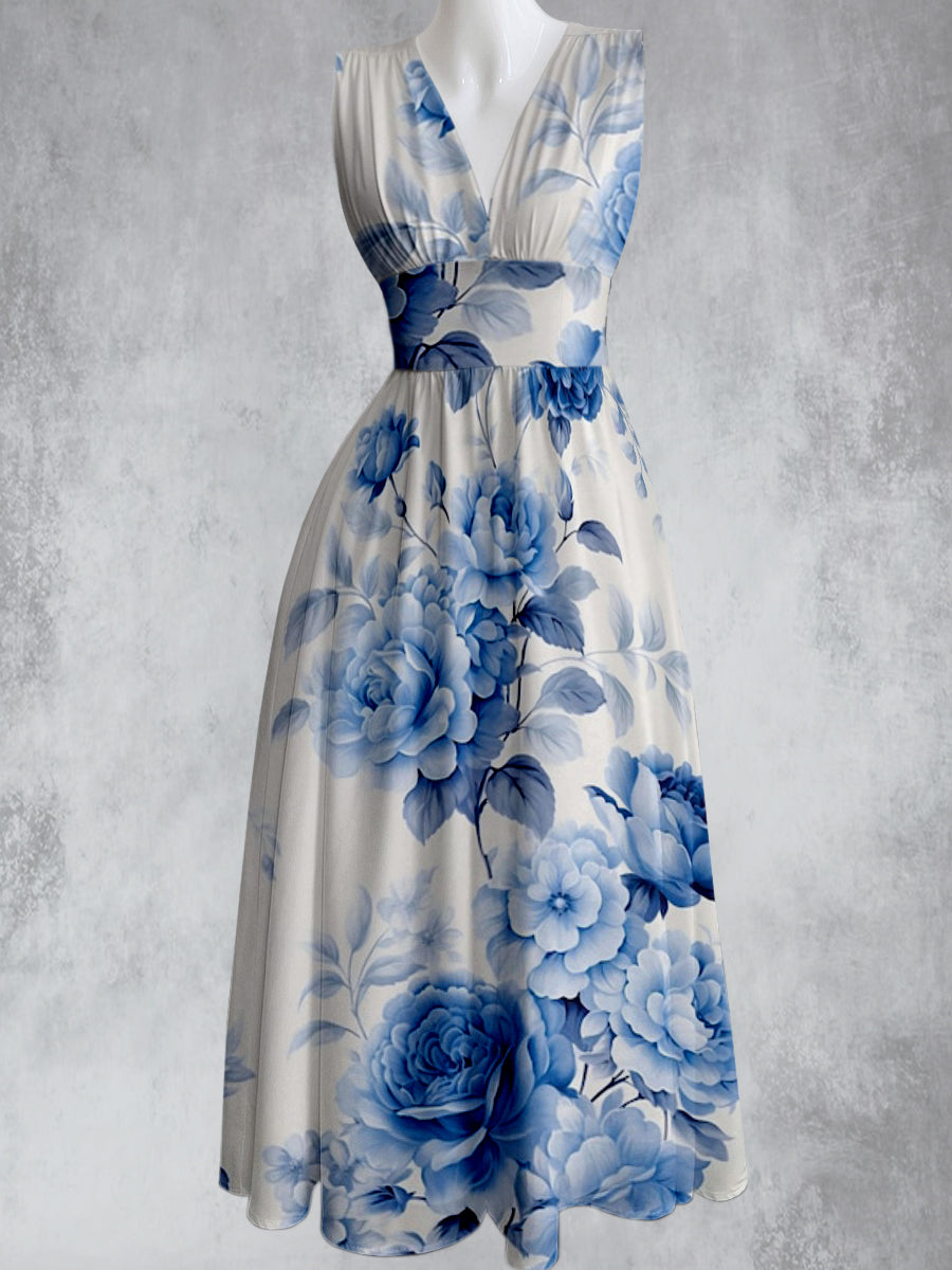 Vintage Floral Print V-Neck 50's Elegant Chic Sleeveless Maxi Dress