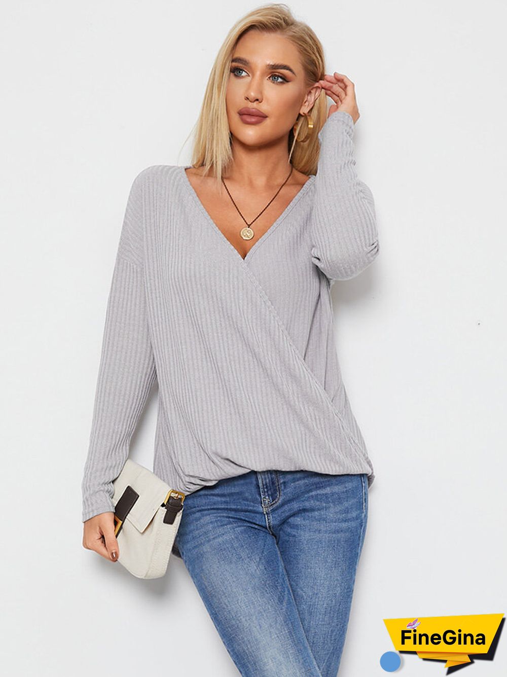 Solid Ribbed Cross Wrap V-neck Long Sleeve Loose Casual T-shirt