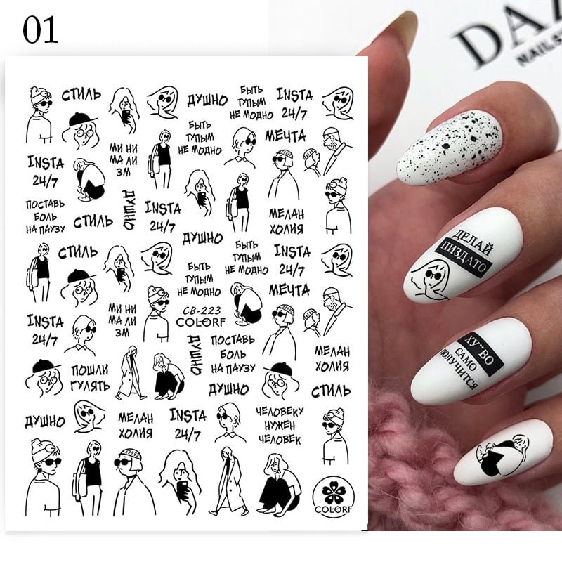 1PC Abstract Face 3D Nail Stickers Geometry Lines Love Letter Slider For Nails Gel Polish Decals For Manicures Decoration