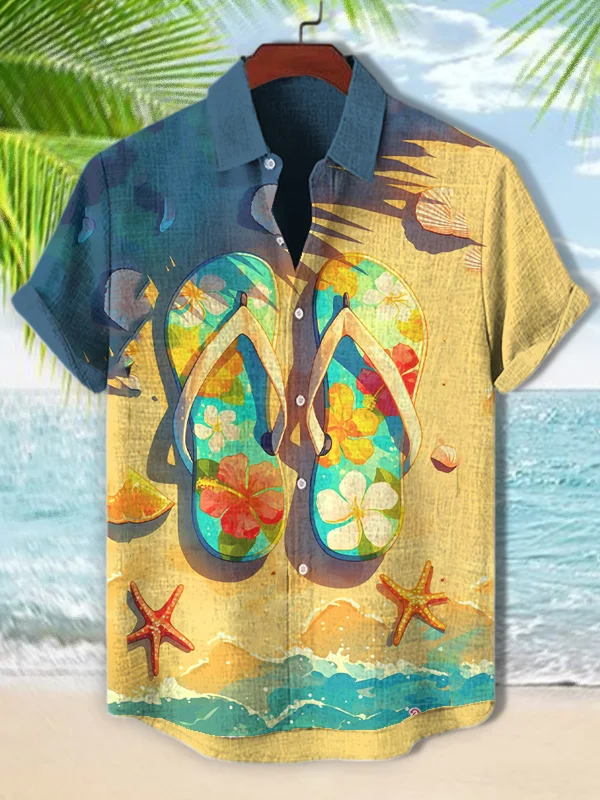 Men's Slippers By The Seaside Print Short Sleeve Shirt