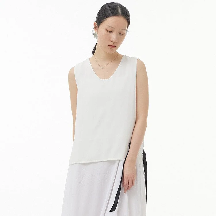 Fashion Loose Solid Color V-neck Ribbons Tank