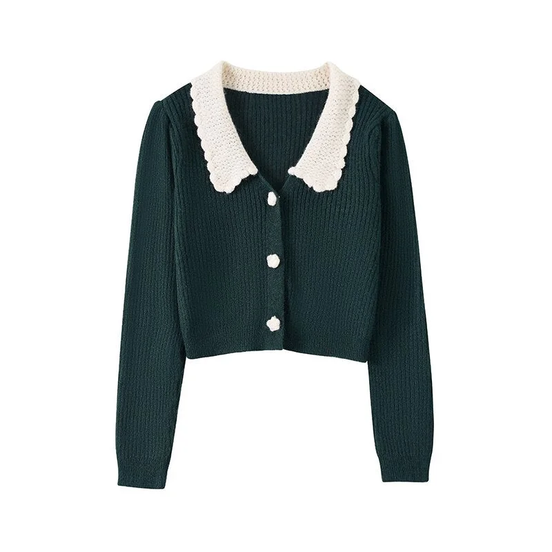 Winter Sweet Knitted Cardigan Sweater Women Warm Peter Pan Collar Cashmere Crop Sweater Elegant Autumn Clothes South Korea 2021