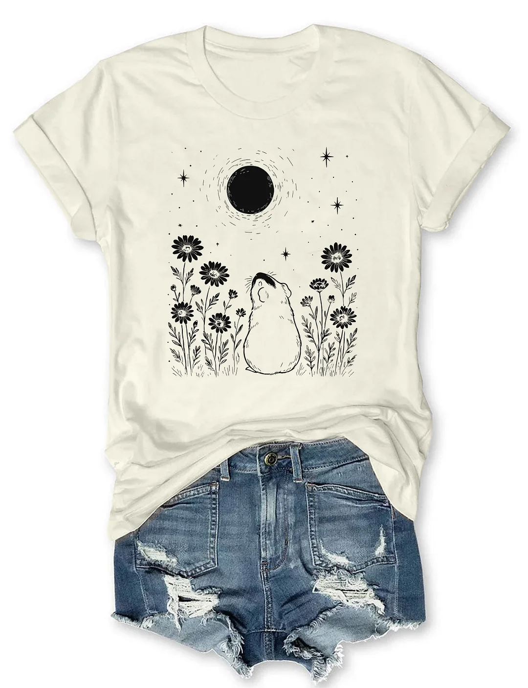 Night Flower Guinea Pig Moon T-shirt
