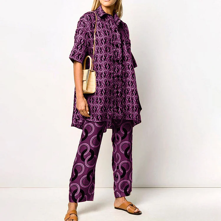 VChics Geometric Printed Short Sleeve Fashion Two-piece Set