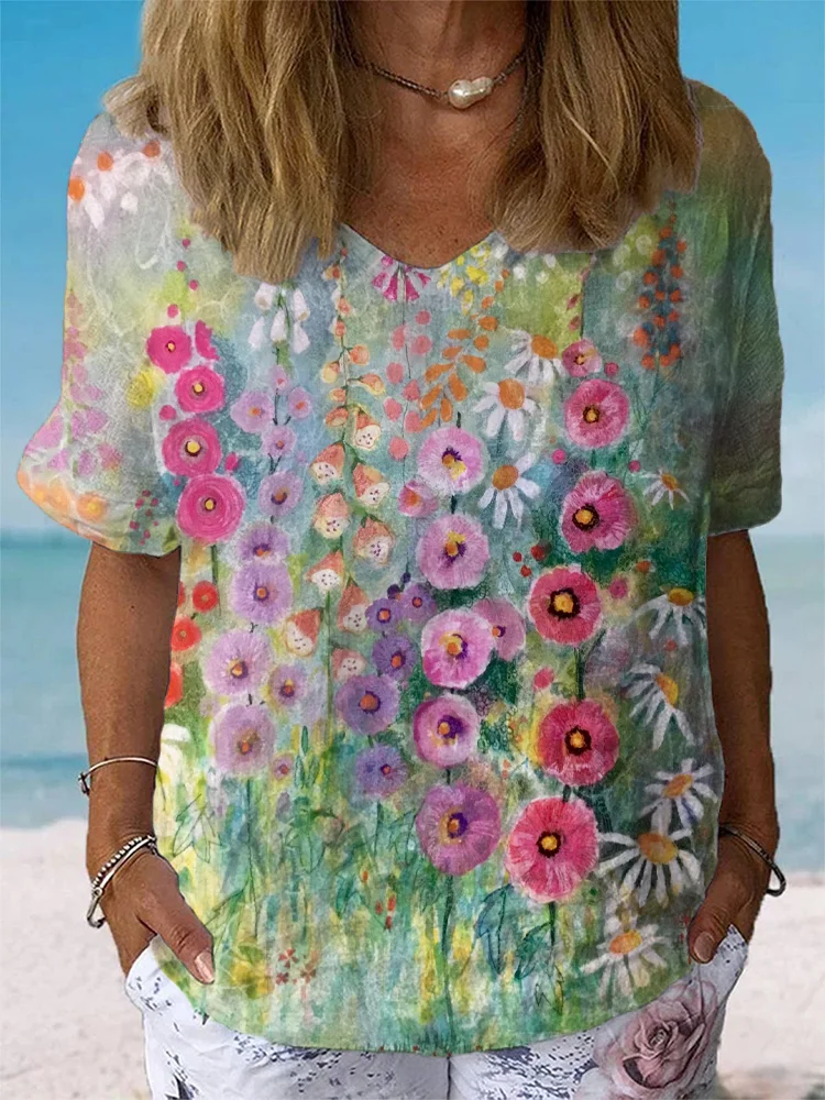 Women's Watercolor Flower Art Print Casual Cotton And Linen Shirt