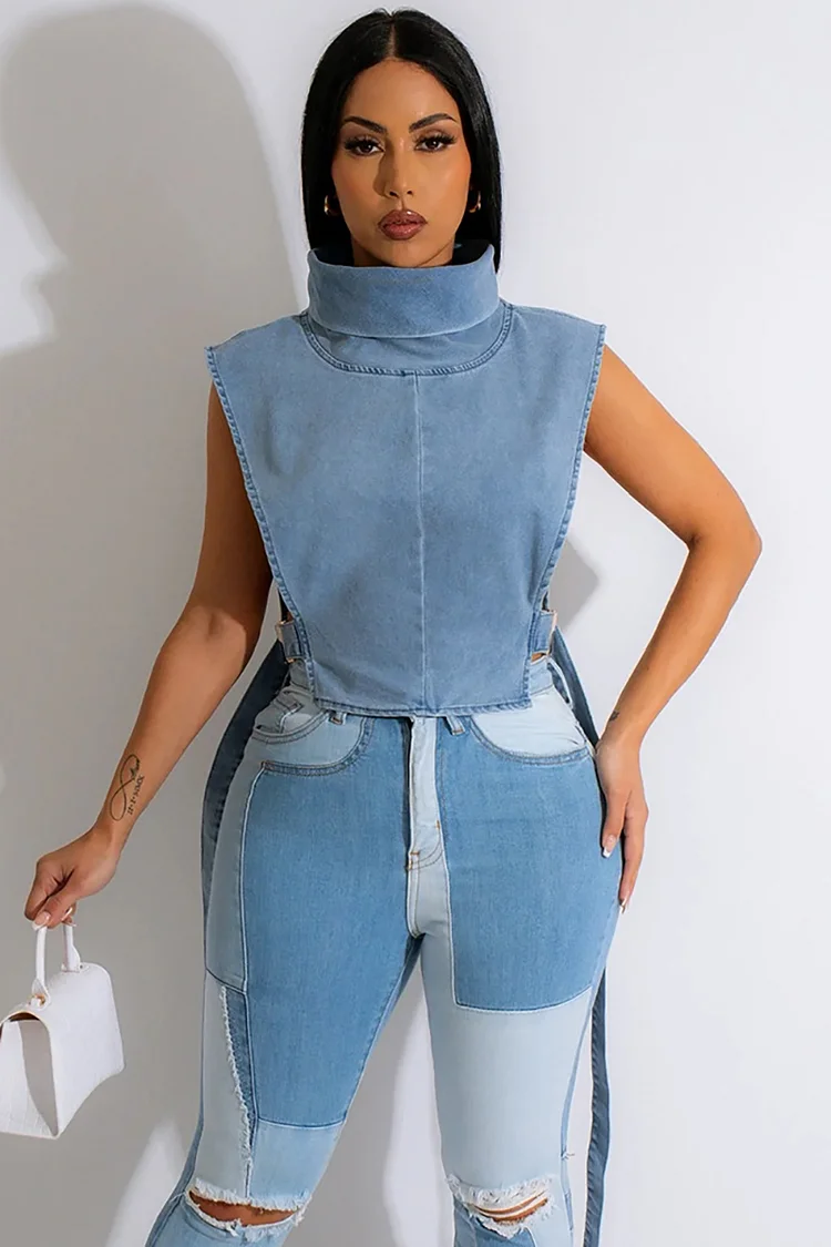 High Neck Cut Out Tied Up Sleeveless DenimTop
