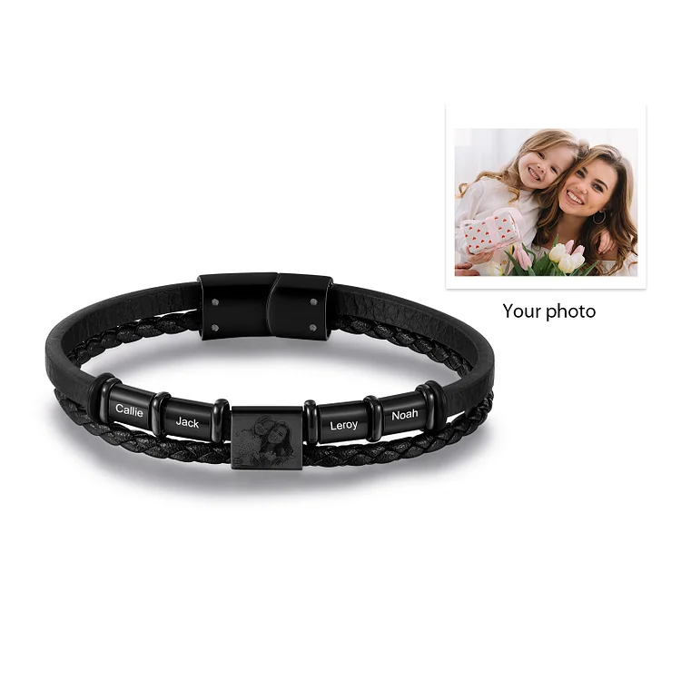 Personalized Men Photo Braided Leather Bracelets with 4 Family Names Layered Bracelet for Him