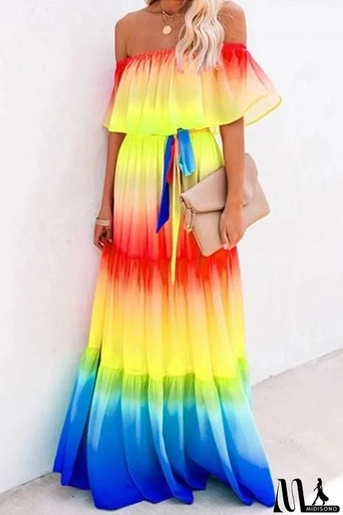 MidiSono - Gradient Off Shoulder Belted Maxi Dress