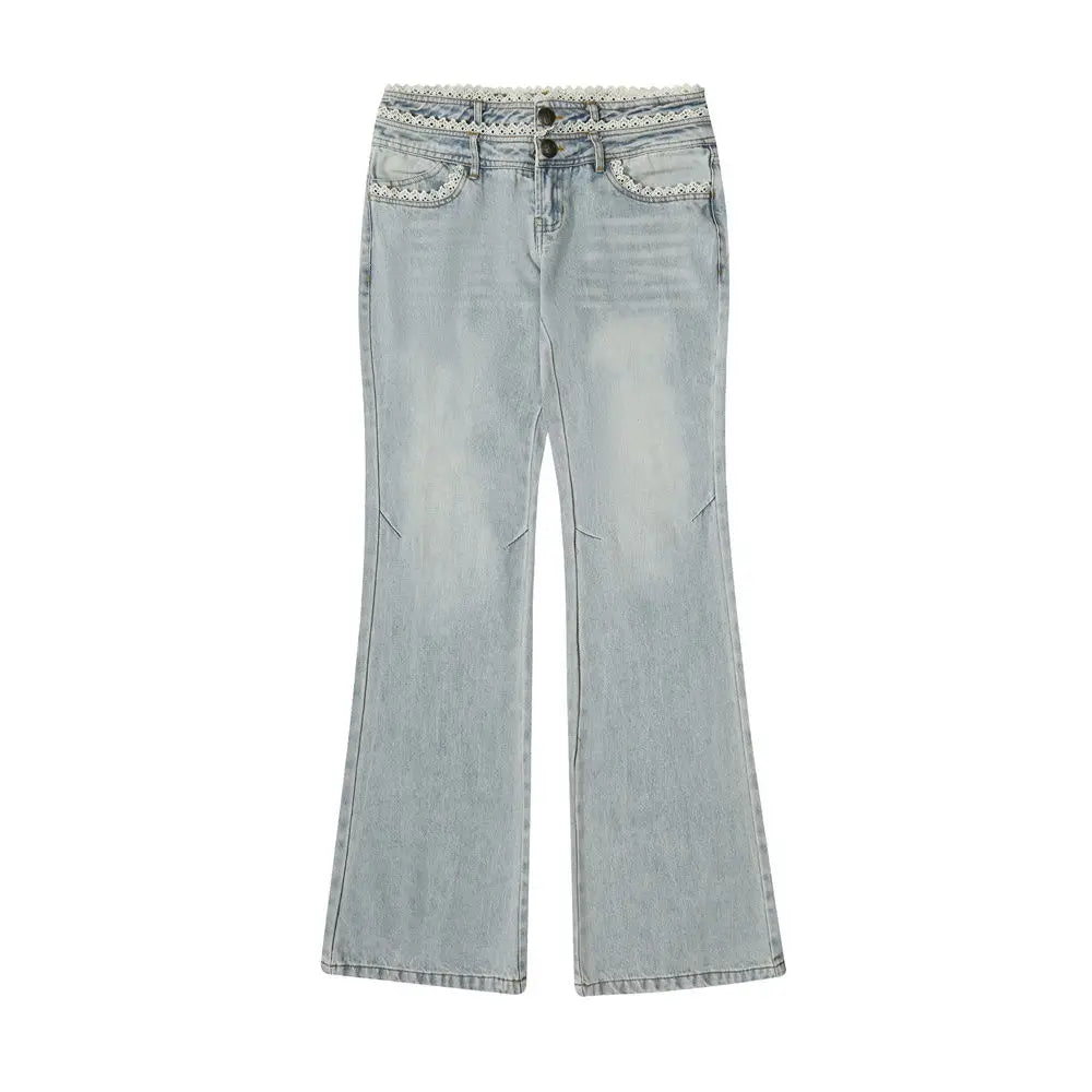 Korean Y2k Flare Jeans Women Low Waist Vintage Streetwear Letter Embroidery Lace Trim Denim Trousers Kpop 2000s Clothes Aiertu