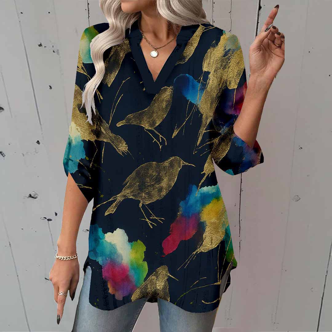 Women Abstract, Black, Colorful DZGA0217 3/4 Sleeve V-neck Printed Graphic Button Tops