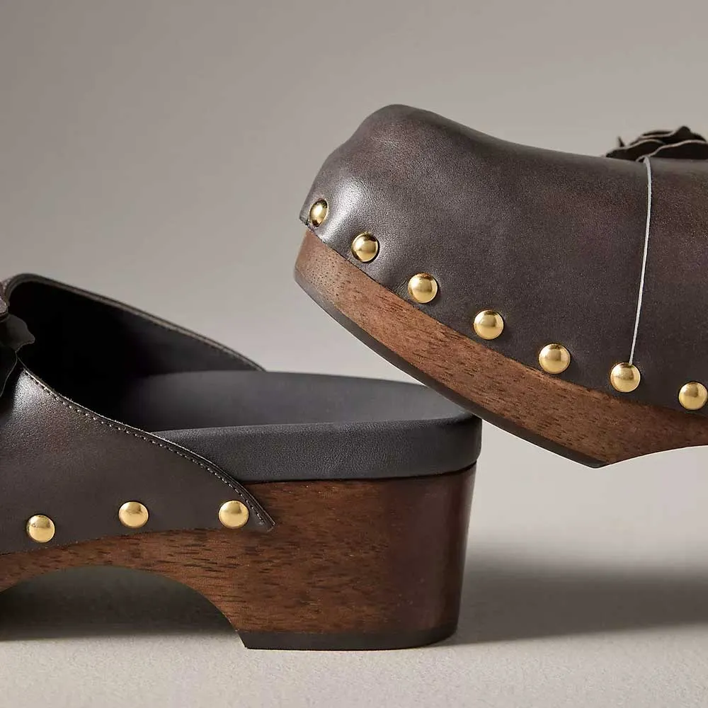 Brown Round Toe Chunky Heel Studded Flower Decor Platform Mules Shoes