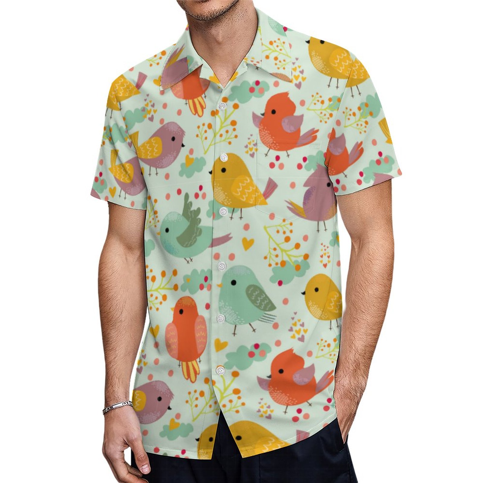 Green Yellow Red Little Bird Art | Men's Tropical Print Hawaiian Beach Vacation Shirt | Gentleman's Hawaiian Party Outfits | Guitar Shirt Design | Classic Aloha Style Apparel