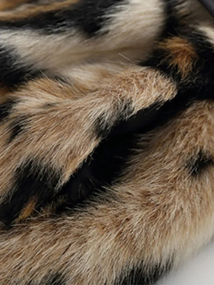 Huiketi Winter Long Leopard Print Warm Fluffy Faux Fur Trench Coat for Women Long Sleeve Double Breasted European Fashion 2023